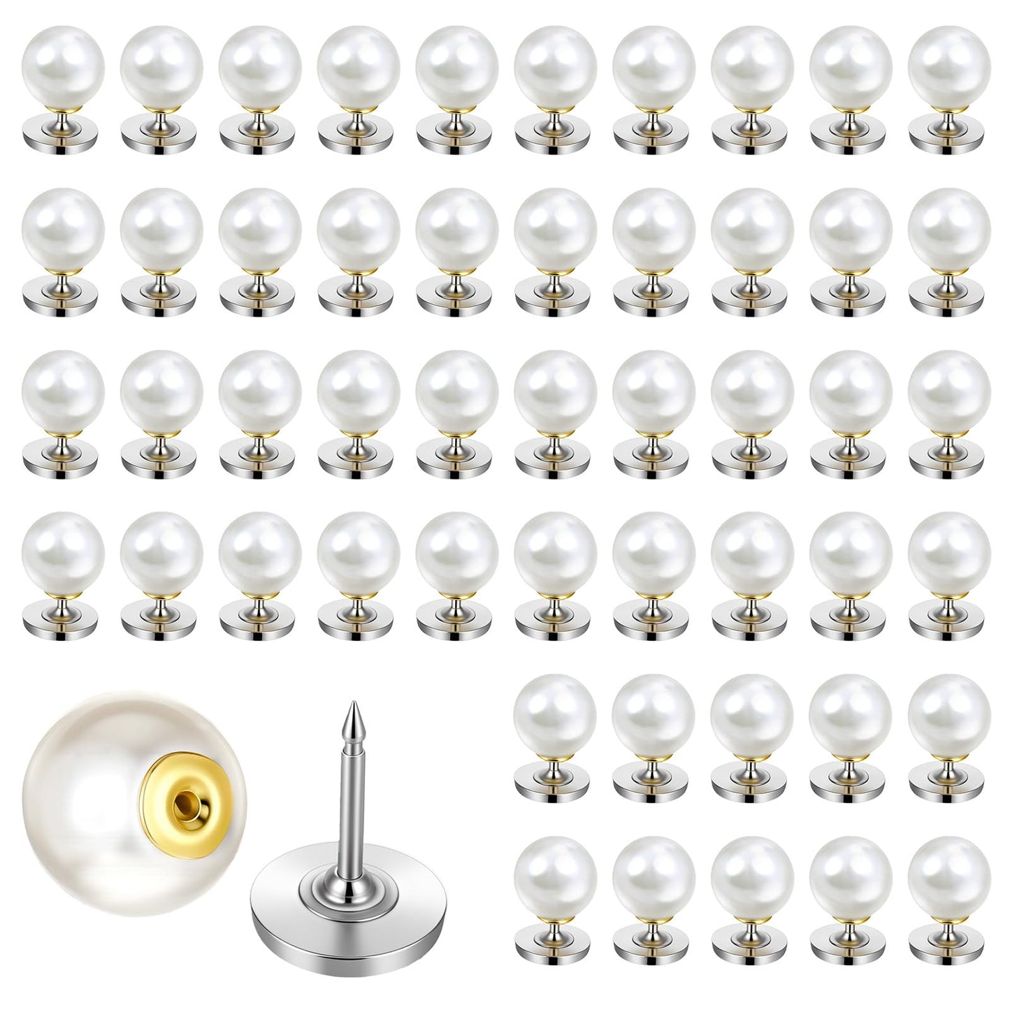 YUXIANLB 50pcs Pearl Buttons Pins No Sew for Clothes, 10mm Brooch Reusable Replacement White Adjustable Fixed Pins No Tool Removable Tack Kit for Dresses Shirt Blouse DIY Crafts Decorative Accessories
