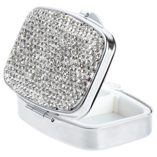 COMNICO Pill Organizer 2 Compartment Cute Daily Medicine Container Portable Travel Pill Box Bling Crystal Diamond Small Pill Holder Case Pill Dispenser for Vitamins Cod Liver Oil Supplement(Silver)