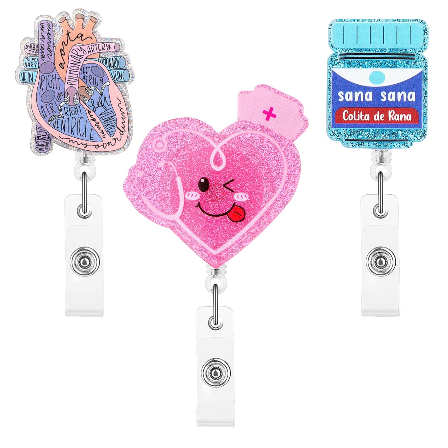 Dimeho 3 Pcs Nurse Badge Reel Funny Cardiac Badge Holder Heart Retractable Reel Pink Name Tag ID Clip for Nurses Medical Assistant Pharmacy Nursing Student