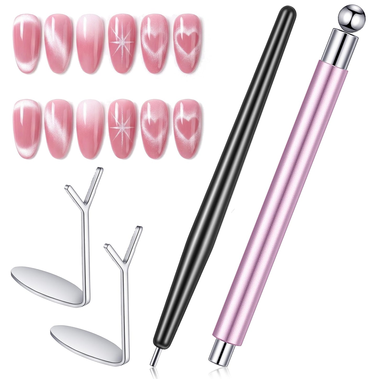 ElevateTech Cat Eye Magnet for Nails, 4Pcs Double-Head Cat Eye Nail Magnetic Pen Set Bead-Attracting Nail Magnets Pen & Heart-Shaped Magnet for Nails Home Manicure DIY Nail-Magnets for Nail-Art Design