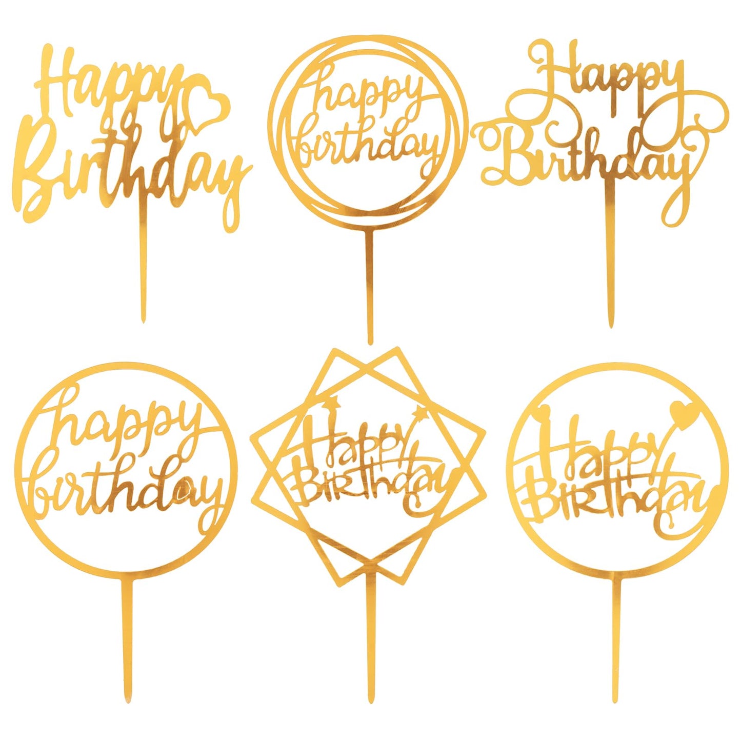 COMNICO Gold Birthday for Cake Topper, 6Pcs Acrylic Cake Decoration Versatile Double Sided Glitter of Birthday Cake Topper for Anniversary Birthday Party Decoration Ideas for Children or Adults