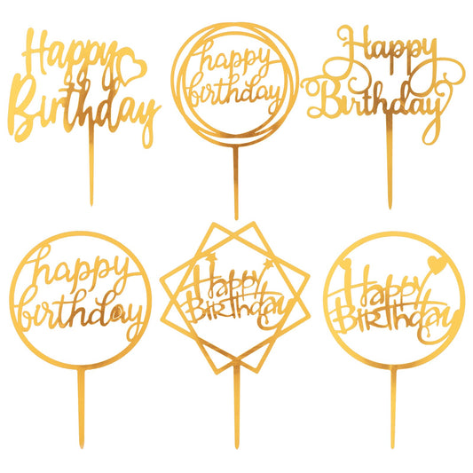 COMNICO Gold Birthday for Cake Topper, 6Pcs Acrylic Cake Decoration Versatile Double Sided Glitter of Birthday Cake Topper for Anniversary Birthday Party Decoration Ideas for Children or Adults