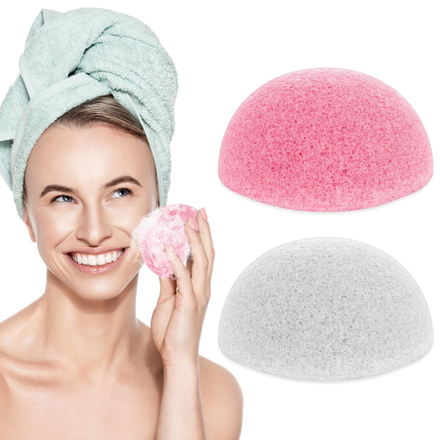 Sibba 2Pcs Natural Konjac Facial Sponges for Cleansing Exfoliating, Gentle Face Sponge for Washing Face Body, Cleaning Puff Buff Scrubber for Babys Men Women Shower Bath SPA (White&Pink)