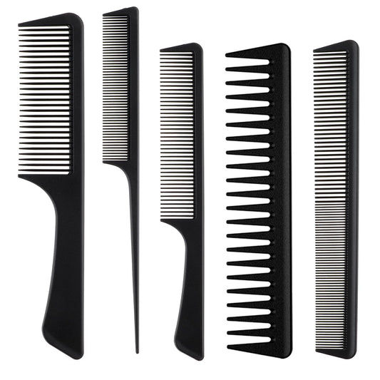 5Pcs Professional Teasing Combs Black Carbon Fiber Hair Comb Set Fine and Wide Tooth Styling Comb Anti-Static Heat Resistant Hairdressing Combs for All Hair Types Salon Stylist Barber Men Women