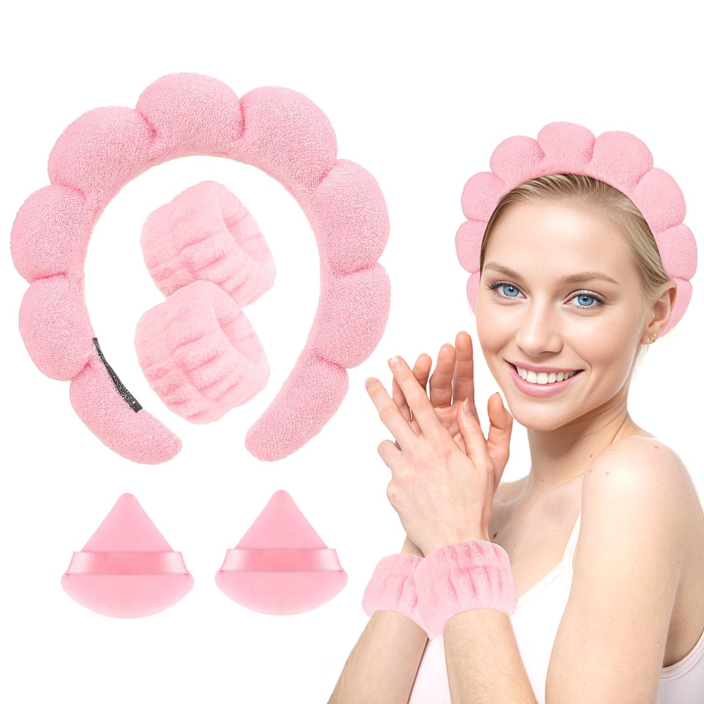 Sibba 5Pcs Puffy Spa Headband and Wristband Set, Soft Makeup Powder Puffs for Women Girls, Absorbent Wristbands, Terry Cloth Bubble Sponge Headband for Washing Face, Preppy Skincare