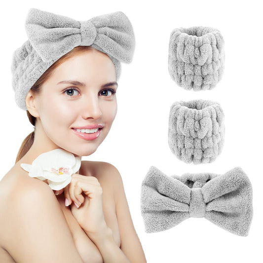 WLLHYF 3 Pcs Spa Headband Wrist Washband Set Soft Elastic Facial Makeup Headbands Washing Face Wristbands Prevent Water Spilling Down Arms Spa Headband for Women Girls Washing Face Shower (Gray)