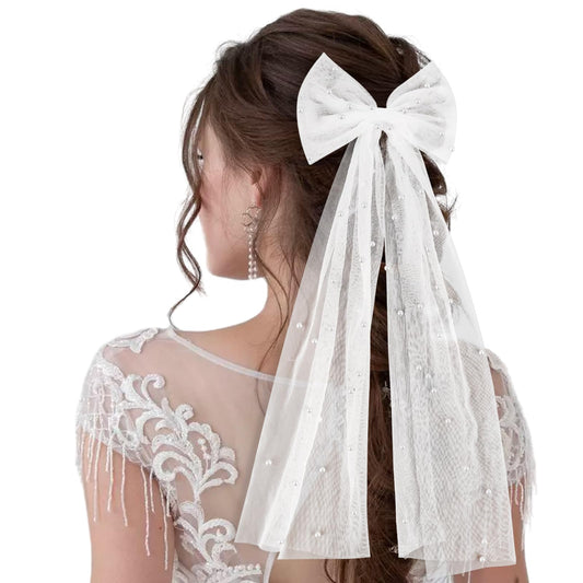 Sibba Bridal Bow Veil White Pearl Hair Clip Wedding Bridal Veil with Comb Hairpin Ribbon Hair Pin Grace Headpiece Tulle Head Accessories Bow Knot Hairpin Fit Women, Birthday, Party, Masquerade
