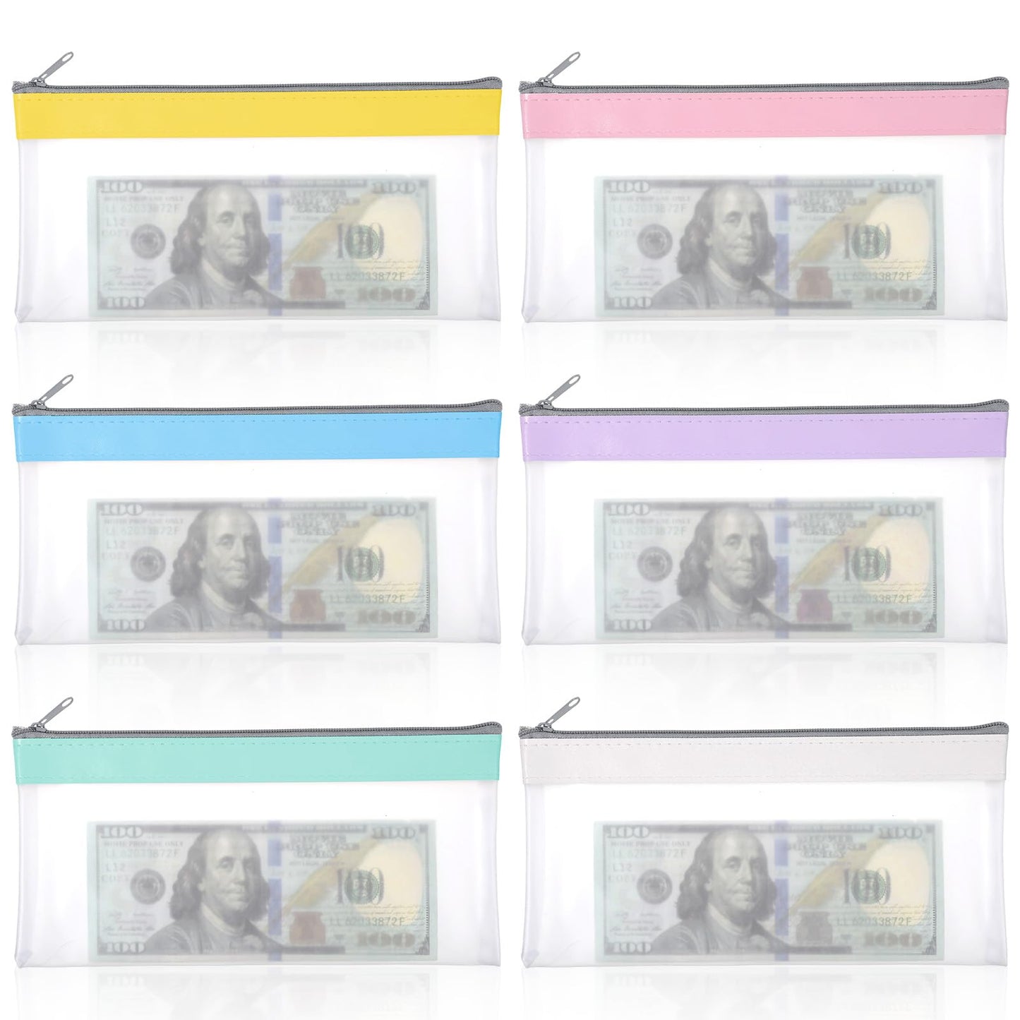 Qianyu 6 Pcs Money Bags with Zipper, Cash Envelopes Check Wallet Case Multi-Purpose Money Pouch Travel Clear Bank Deposit Coin Bag for Office School Supplies