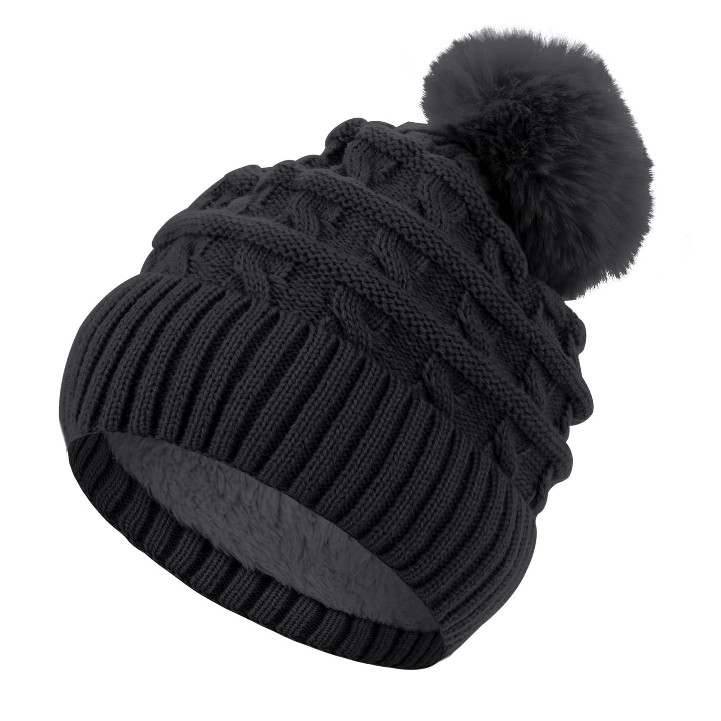 Sibba Winter Beanie Hats for Women Bobble Hat Thermal Fleece Lined Hat Ladies Knitted Wooly Hats with Faux Fur Pom (Black)