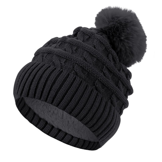 Sibba Winter Beanie Hats for Women Bobble Hat Thermal Fleece Lined Hat Ladies Knitted Wooly Hats with Faux Fur Pom (Black)