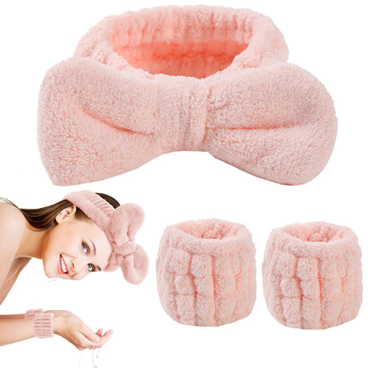 WLLHYF 3 Pcs Spa Headband Wrist Washband Set Soft Elastic Spa Facial Makeup Headbands Washing Face Towel Wristbands Prevent Water Spilling Down Arms Spa Headband for Women Girls Shower(Pink)