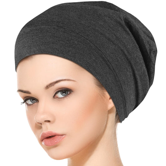 COMNICO Silk Satin Lined Sleep Cap, Modal Cotton Outer Layer Adjustable Curly Hair Bonnet Hair Cover Slouchy Beanie Women Men (Grey)