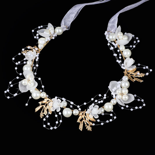 Sibba Flower Headpiece Headband 1 PC White Pearl Tiara Little Hairband Wedding Brides Crown Clips Headwear Floral Hair Bands Headpiece Tiaras Dresses Fairy Decorations Accessory Girls Women