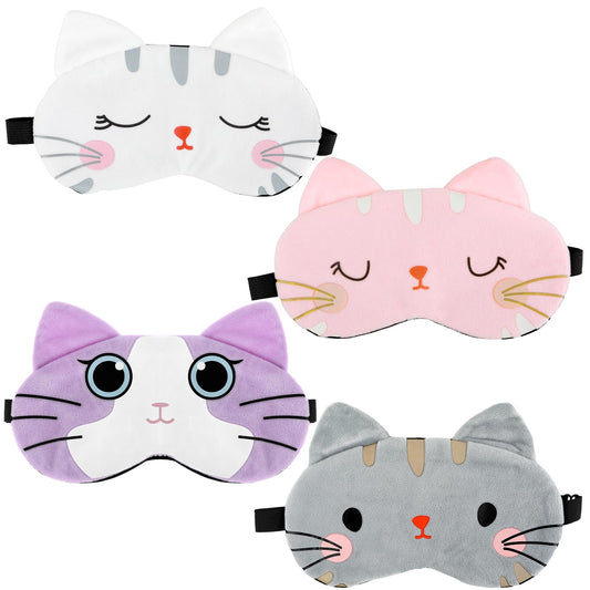 Sleep Mask for Kids 4 Pieces Cute Animal Eye Mask Soft Sleeping Eye Shade Night Sleeping Eye Mask Adjustable Elastic Sleeping Mask for Women Children Girls and Adult(Colorful Cat Style)