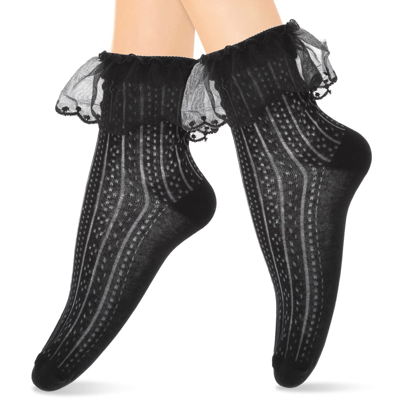 Sibba Ruffle Liners Socks 1 Pair Cute Lace Frilly Kawaii Girls Ladies Ankle Bride Dance Fairy Goth Sock High Stacked Top Dress Schoolgirl Halloween Cosplay Christmas Winter Clothing (Dot Style Black)