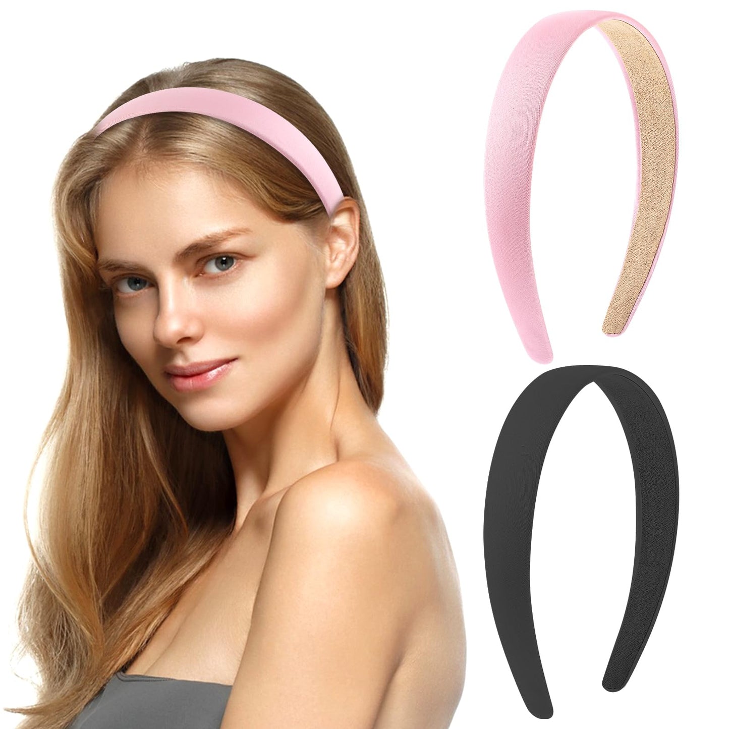 WLLHYF 1 Inch Wide Headband 2 Pcs Satin Headbands Anti-slip Solid Hair band Fashion Vintage Hard Hairband DIY Craft Holiday Hair Accessories for Women Girls