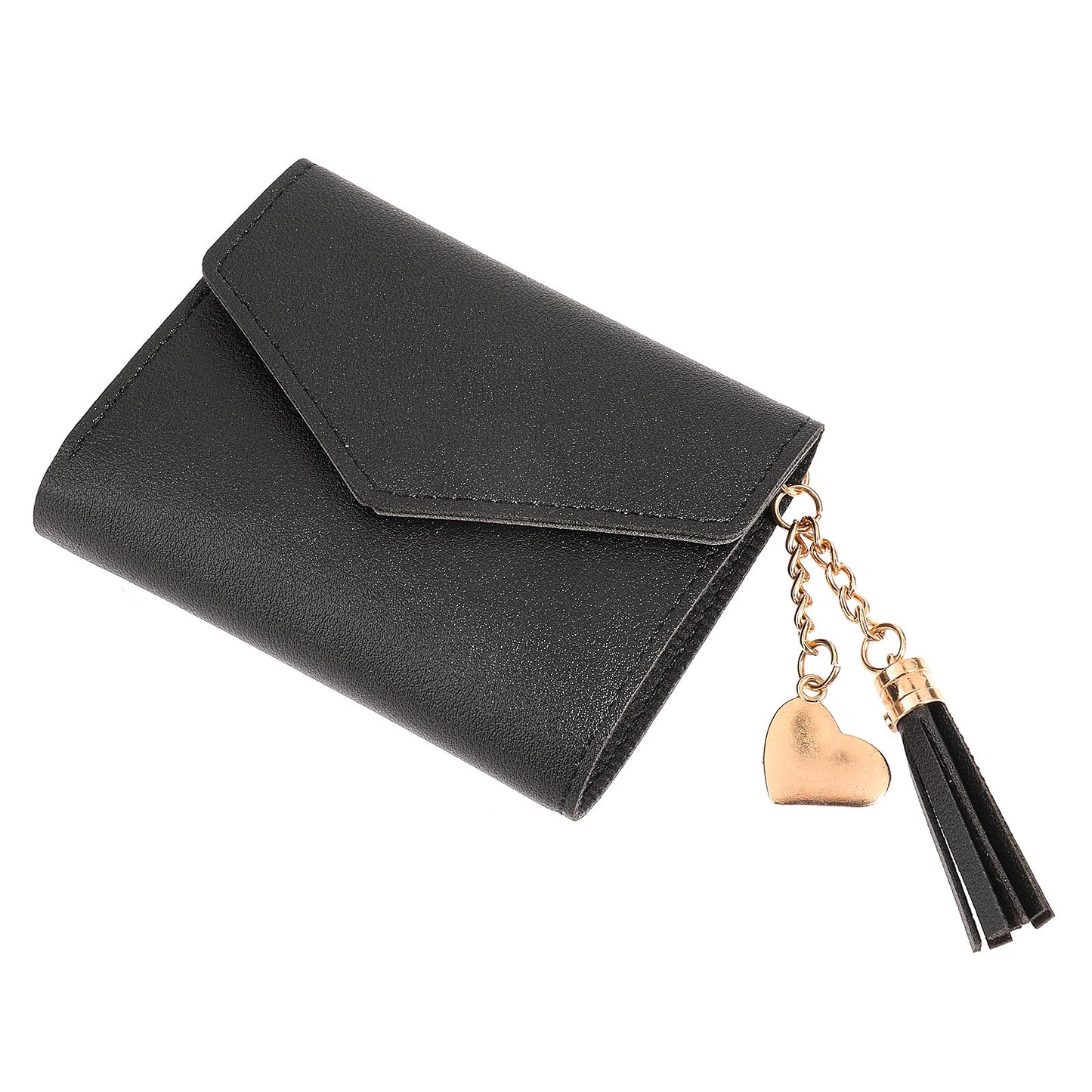 Sibba Small Wallet For Women Men Compact Bifold PU Leather Card Holder Flapover With Snap Buttons Ultra Slim Coin Purse Id Window Organizer Ladies Keychain Wallet Tassels Pendant Pocket Clutch (Black)