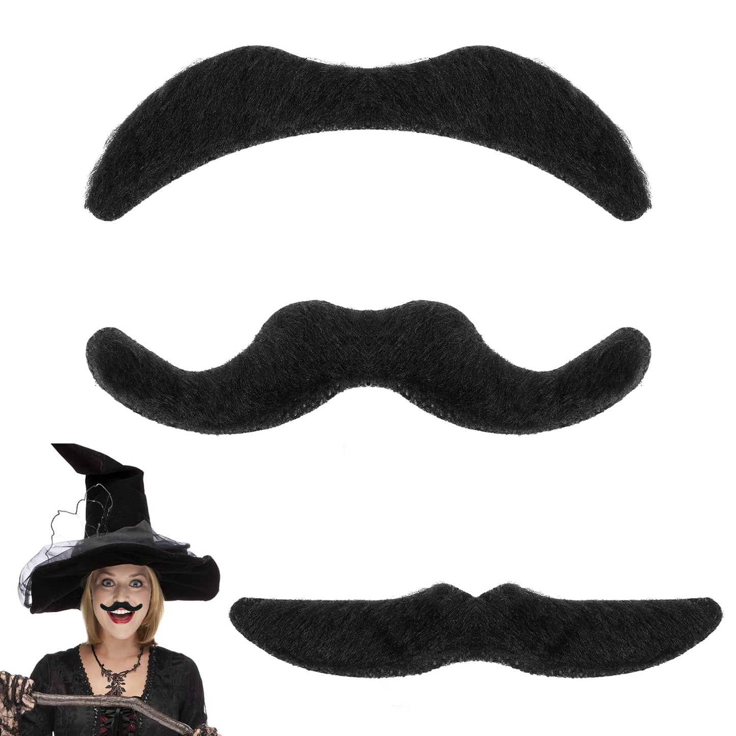 Sibba Self Adhesive Fake Mustache, 3Pcs Fake Mustaches Set, Novelty Mustaches for Costume, Halloween, Festival, Masquerade Party Black