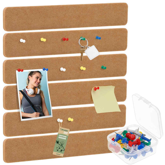 Dimeho 6 Pack Felt Pin Board Bar Strips Bulletin Boards for Wall Decorative Cord Board Strips for Office Self-Adhesive Cork Board Bar Strips with 30 Pushpins for Paste Notes Photos