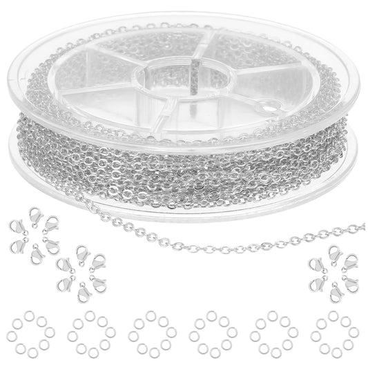 COMNICO 16.4ft Stainless Steel Chain 2.4mm Jewelry Cable Link Chain Roll DIY Craft Supplies Findings with 20pcs Lobster Clasps 50pcs Jump Rings for Making Necklace Earring Bracelet (Silver)