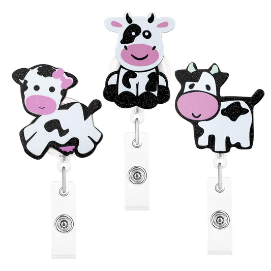 Cow Badge Reel Retractable Badge Holders Cute Print Animal ID Name Tag Holder Belt Card Clip Decor Accessories for Nurses Teacher Student Medical Assistant Volunteer Office Worker(Black White)