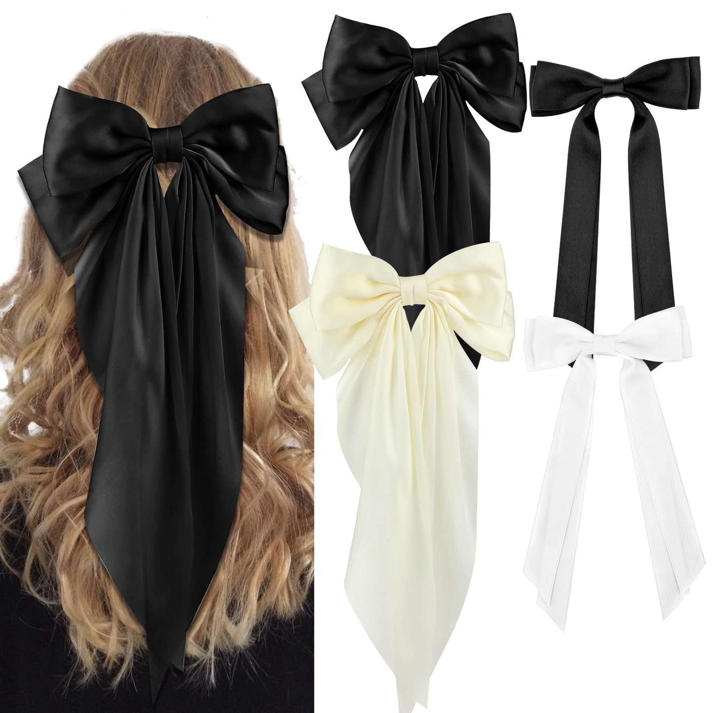 4Pcs Oversized Long Tail Hair Ribbons Cute Tassel Large Hair Bows Barrettes Layered Bow Hair Clips Aesthetic Bowknot Hair Accessories for Women Girls Kids Ponytail Holder Birthday