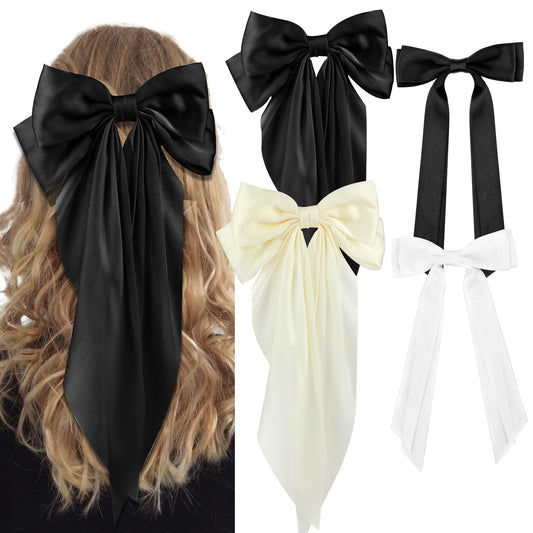 4Pcs Oversized Long Tail Hair Ribbons Cute Tassel Large Hair Bows Barrettes Layered Bow Hair Clips Aesthetic Bowknot Hair Accessories for Women Girls Kids Ponytail Holder Birthday