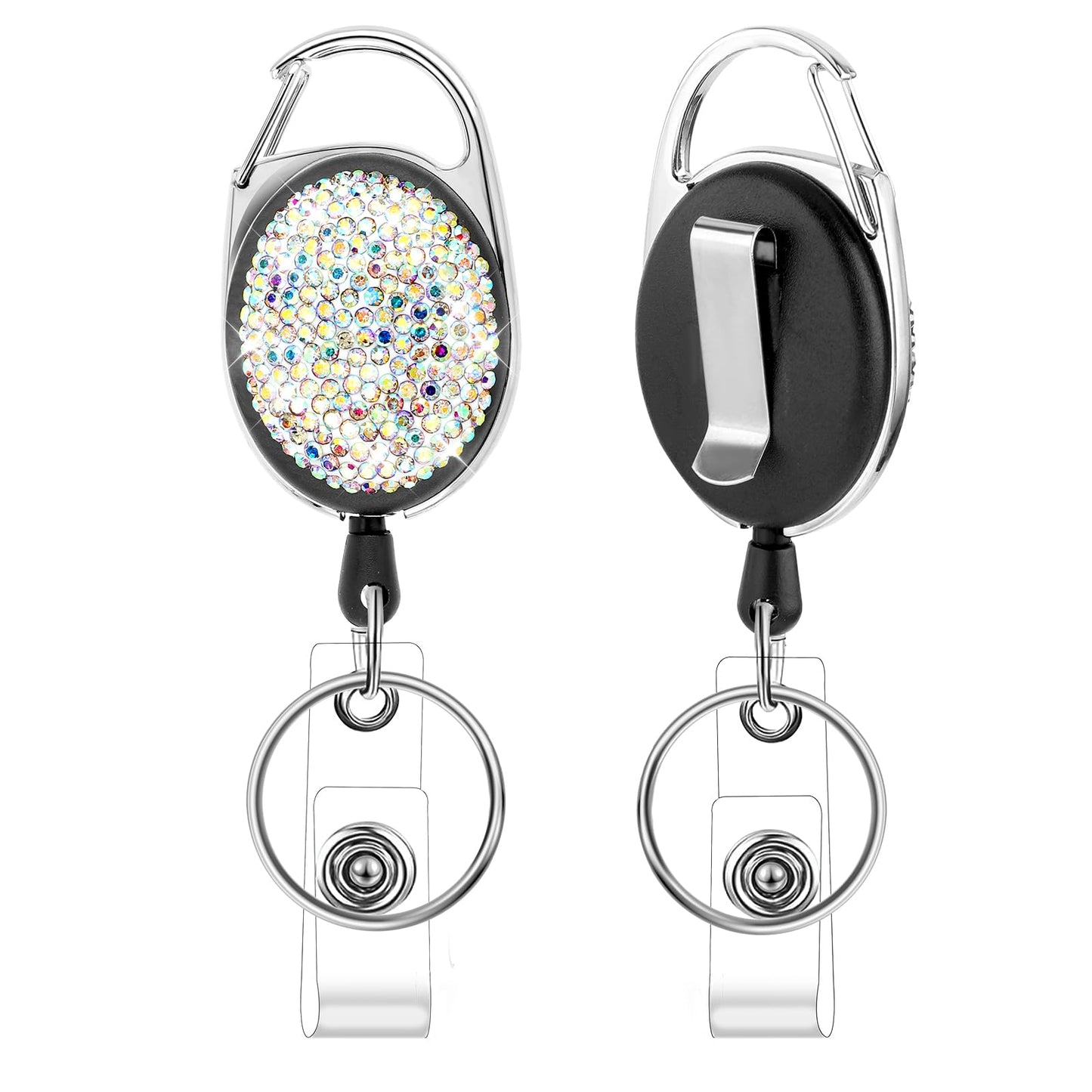 Retractable Badge Reels with 24" Kevlar Cord, Bling Rhinestone etractable Badge Holder, Badge Reel Card Holder with Key Ring Backing Belt Clip for ID Card Holders, Nurse, Volunteer, Teacher, Student