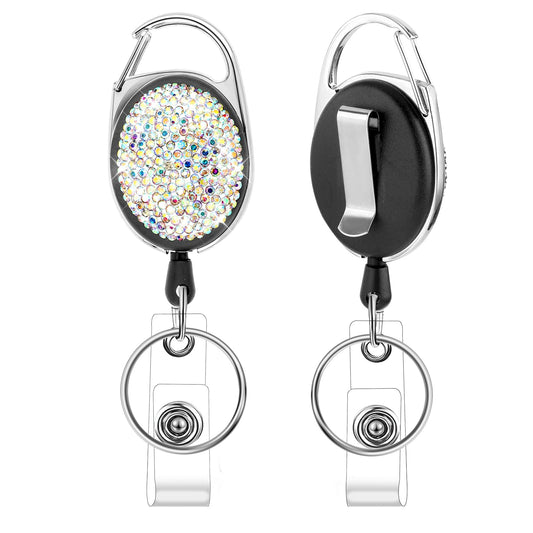 Retractable Badge Reels with 24" Kevlar Cord, Bling Rhinestone etractable Badge Holder, Badge Reel Card Holder with Key Ring Backing Belt Clip for ID Card Holders, Nurse, Volunteer, Teacher, Student