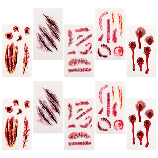 Sibba Fake Blood Temporary Tattoo Body Art Skin Stickers 10 Pieces Horror Realistic Bloody Wound Stitch Scar Scab Bruise Halloween Cosplay Makeup Kit