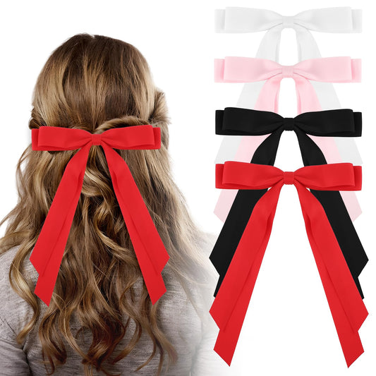 Sibba 4PCS Hair Bows Long Ribbon Hair Clips for Women Girl French Bowknot Barrettes With Long Tail Ponytail Holder Alligator Clips Double Bow Hair Accessories Headdress Gift for Teens Toddlers 4-Color