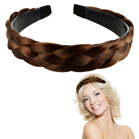 Braided Headband with Teeth, 4 Strands Synthetic Wide Hair Band High Elasticity Braided Headband Vintage Plaited Hairpiece Headband Brown Beauty Accessory for Wedding Party Date Dinner Women Girl