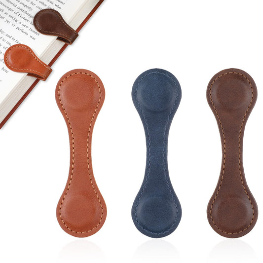 Dimeho 3 Pcs Leather Magnet Bookmark Retro Book Marker Clip Vintage Book Page Markup Holder Handmade Reading Accessories for Book Lovers Gift (Light Brown, Dark Brown, Blue)
