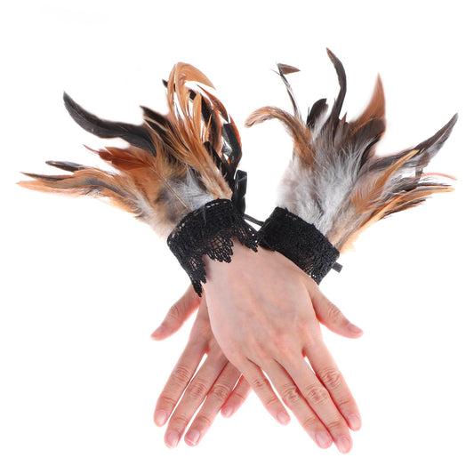 COMNICO Women's Feather Wrist Cuffs Floral Lace Wings Bracelets Black Gothic Mesh Wristband for Cosplay Halloween Costume