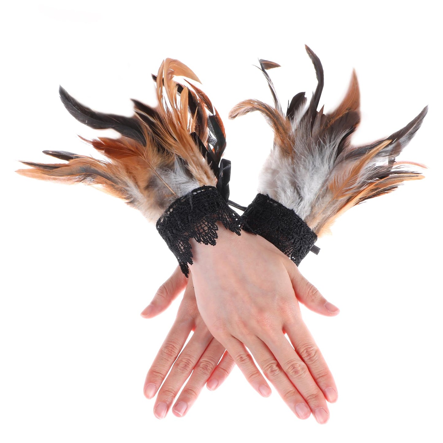 COMNICO Women's Feather Wrist Cuffs Floral Lace Wings Bracelets Black Gothic Mesh Wristband for Cosplay Halloween Costume