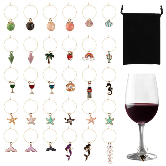 30Pcs Wine Glass Marker Charms Funny Wine Glass Tags Beach Themed Wine Charms for Stem Glasses Cute Wine Glass Identifier Drink Charms for Christmas Birthdays Weddings Wine Tasting Parties Decorations