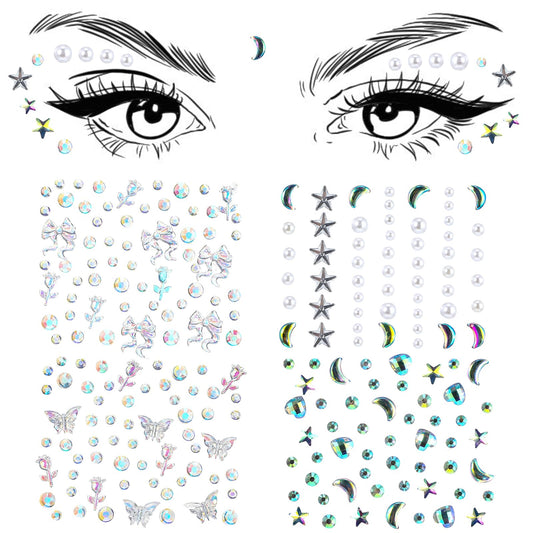 Sibba 4 Sheets Gemstone Face Stickers Star Face Eye Stickers Face Patches Self Sticky Jewelry Stickers Acrylic Crystal Moon Pearls Butterfly Makeup Sticker Rhinestone for Body Women Girls Festival