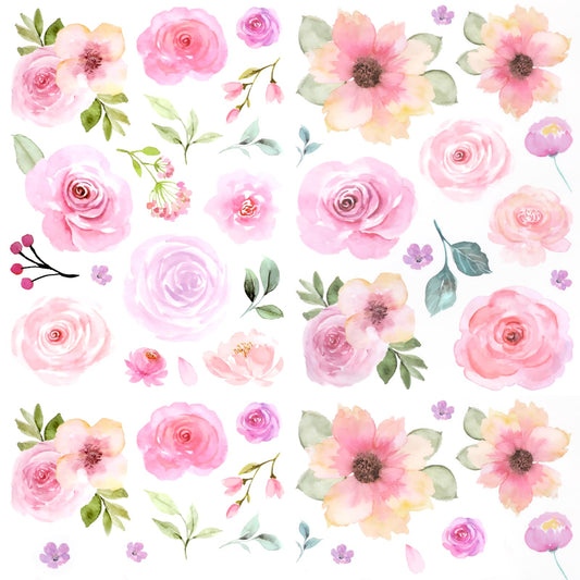 COMNICO 60pcs Pink Flower Wall Sticker Watercolor PVC Peel and Stick Wall Decals Cute Peony Floral and Leaves Pastel Flower Decor for Kids Bedroom Living Room Baby Nursery Kindergarten