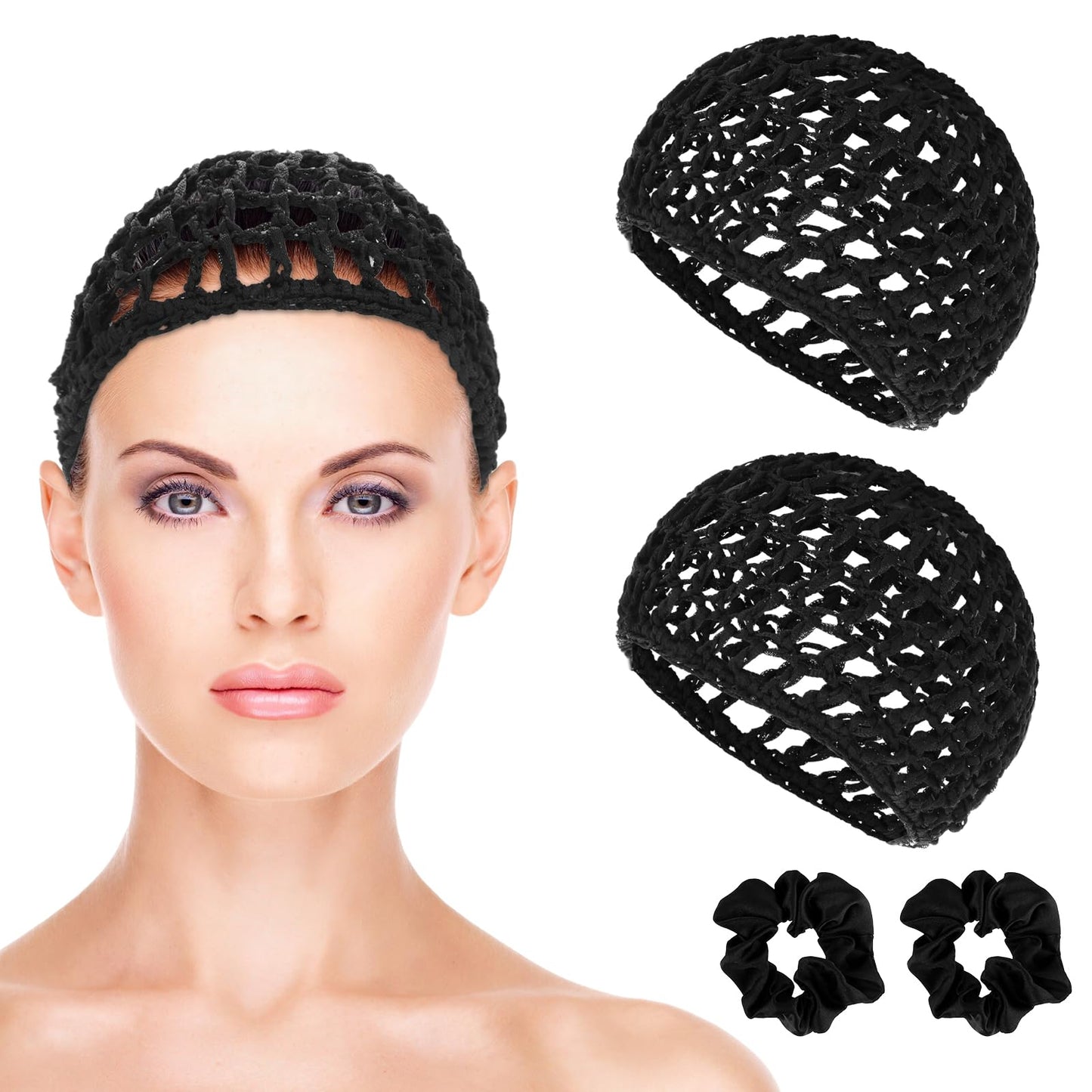 4 PCS Mesh Hair Nets Cap and Hair Ties Set, Crocheted Sleeping Hairnet for Women, Satin Hair Scrunchie Rayon Knit Snoods Crochet Hair Net Black Mesh Hair Wrap for Sleep, Women Hair Accessories