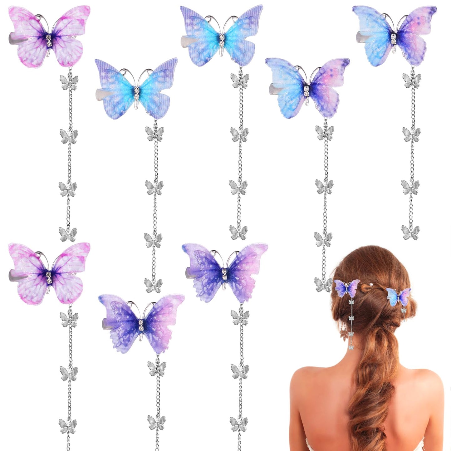 COMNICO Tassel Butterfly Hair Clips, 8 Pcs Elegant Antique Side Hairpins Fabric Barrettes Butterflies Hair Pin Cute Hanging Ear Butterfly Hair Styling Clip Decorative Accessories for Women Girls