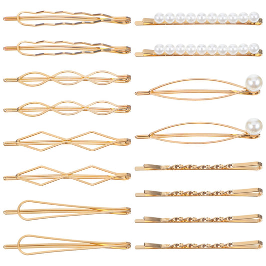 Wanmu 16Pcs Geometric Metal Hair Pins, Women Girls Preppy Pearls Hair Clips, Elegant Hair Barrettes, Bridal Gold Metal Bobby Pins, Minimalist Wedding Dainty Accessories
