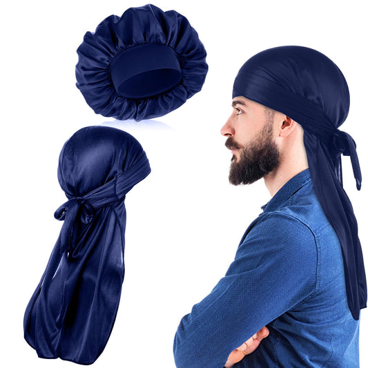 COMNICO Silk Bonnet for Men, 2 Pcs Elastic Wide Satin Bonnet Band Silk Sleep Cap Single Layer Adjustable Soft Band Hair Satin Cap for Women Sleeping Blue