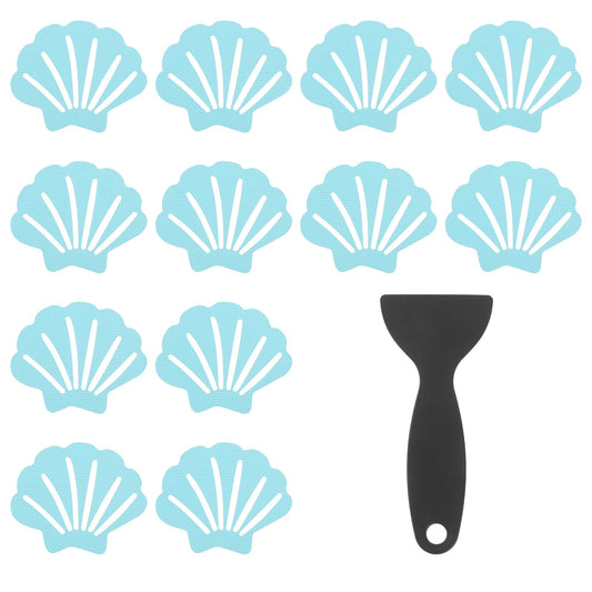 COMNICO Non Slip Bathtub Stickers, 12Pcs Shell Shaped Tubs Adhesive Appliques with 1 Pcs Premium Scraper Blue River Mussel Safety Shower Treads for Bathroom Bathtub Shower Floor