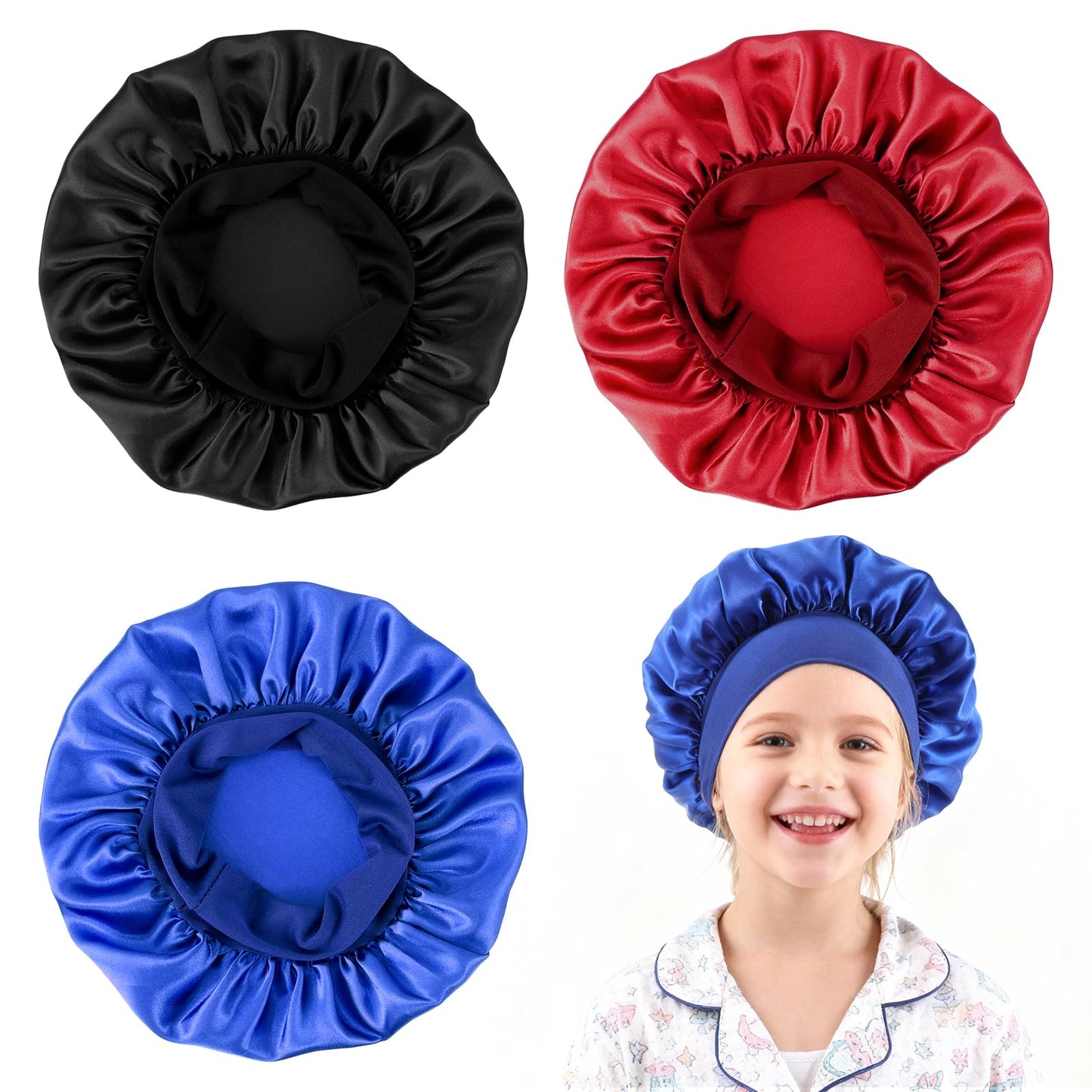 Wanmu Kids Bonnets for Girls, 3Pcs Soft Satin Bonnets for Kids Sleeping, Elastic Wide Band Toddler Bonnet Sleep Cap for Teens Boys Child Curly Hair Braids (Blue, Red, Black)