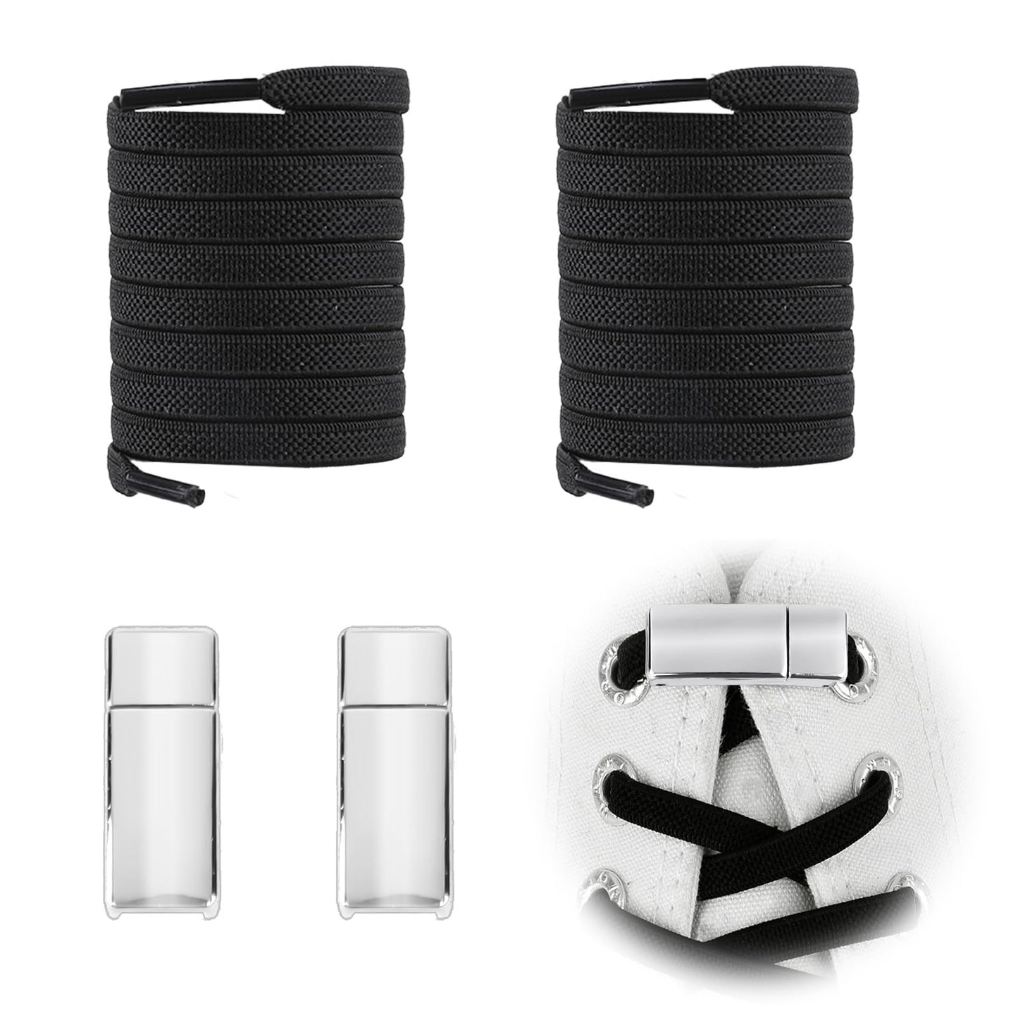 COMNICO No Tie Shoelaces, 2 Pcs Elastic Shoelaces for Kids Adults Sneakers, Metal Magnetic Clip Shoe Strings