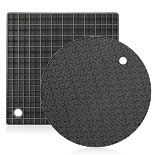 Dimeho 2 Pcs Silicone Trivet Mats for Hot Pots and Pans Trivets for Hot Dishes Heat Resistant Kitchen Hot Pads Multipurpose Non-Slip Pot Holders for Countertops & Table (1 Squared + 1 Round, Grey)