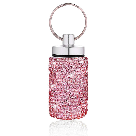 COMNICO Pill Organizer Stainless Steel Waterproof Pill Holder Box Bling Small Medicine Case Dispenser Bottle Travel Portable Jewelry Ring Holder Keychain Container for Vitamin Supplement (Pink)