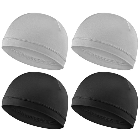4Pcs Wave Cap for Men Silky Durags Elastic Band Wave Caps for 360 540 720 Waves Soft Breathable Satin Durag Unisex Adults Kids Skullies Beanies Hats Shower Cap (Black, Light grey)