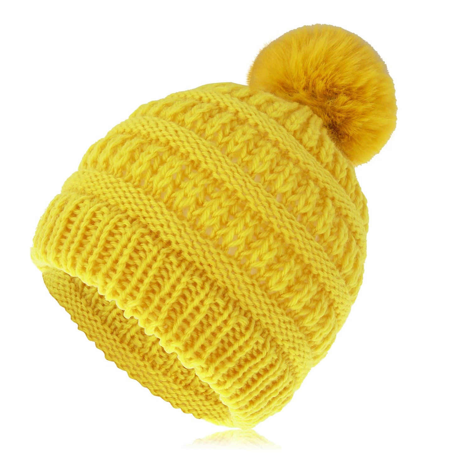 Sibba Toddler Knitted Pom Pom Baby Hat Winter Warm Infant Kids Crochet Beanie Christmas Bonnet Soft Bobble Cap with Hairball for Newborn Boys Girls Childrens Headwear Yellow 0-24 Months