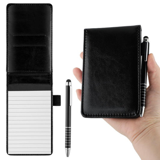 Sibba Mini Pocket Notebook, Notepad Holder with 50 Lined Sheets, 3 x 5 Inch Pocket Notebook with Metal Pen, Small Leather Notebook (A7, Black)